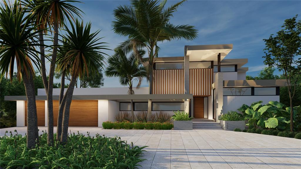 A rendering of a modern two-story house with a flat roof, wood accents, and palm trees — 109 N WARBLER LANE, SARASOTA, FL