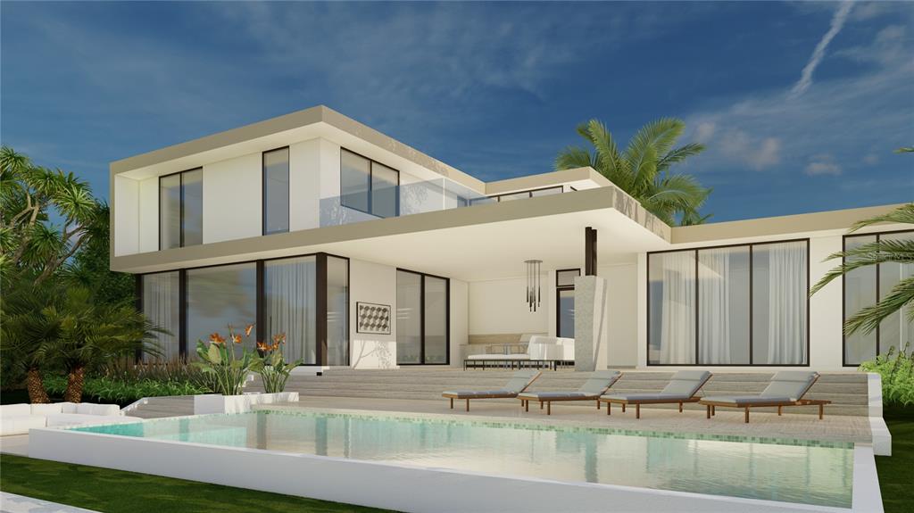 This architectural rendering shows a modern two-story house with a pool and patio area — 109 N WARBLER LANE, SARASOTA, FL