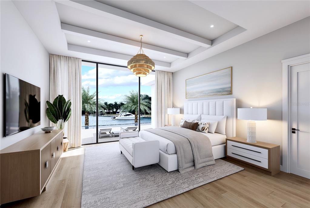 This is a rendering of a modern bedroom featuring a waterfront view and tray ceiling — 109 N WARBLER LANE, SARASOTA, FL