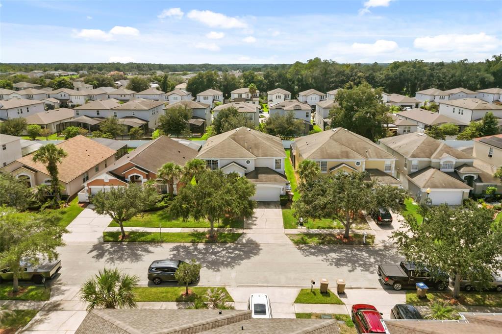 An aerial view of a suburban neighborhood featuring single-family homes with driveways and lawns — 1265 SEASONS BOULEVARD, KISSIMMEE, FL