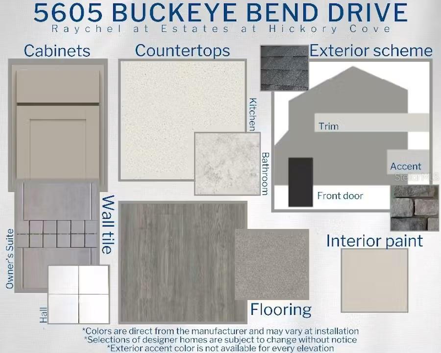 This design board displays material and color samples for home cabinetry, countertops, flooring, and exterior finishes — 5605 BUCKEYE BEND DRIVE, ST CLOUD, FL