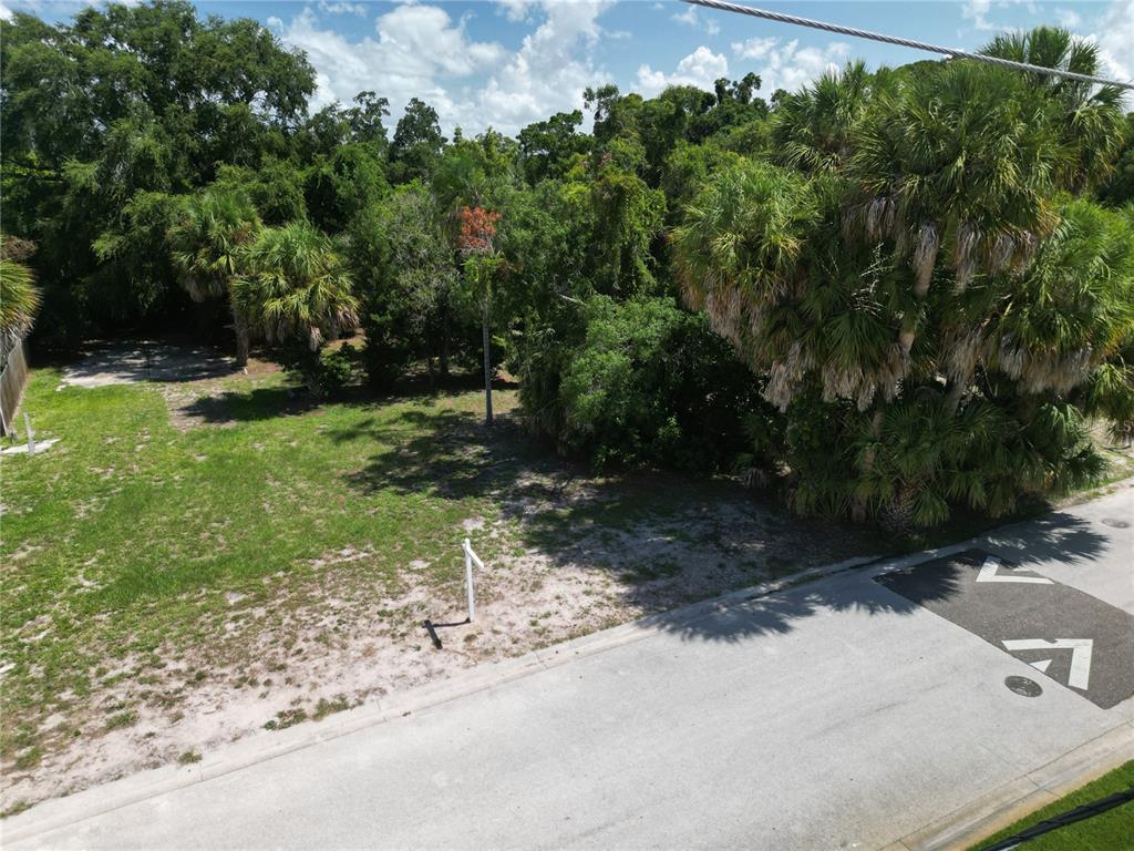 An elevated view of a vacant, grassy residential lot with trees and a street sign — 51ST AVENUE S, ST PETERSBURG, FL