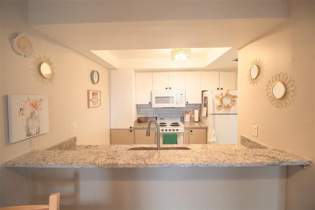 A kitchen with white cabinets, granite countertops, and a breakfast bar overlooking the space — 2614 COVE CAY DRIVE UNIT 405, CLEARWATER, FL