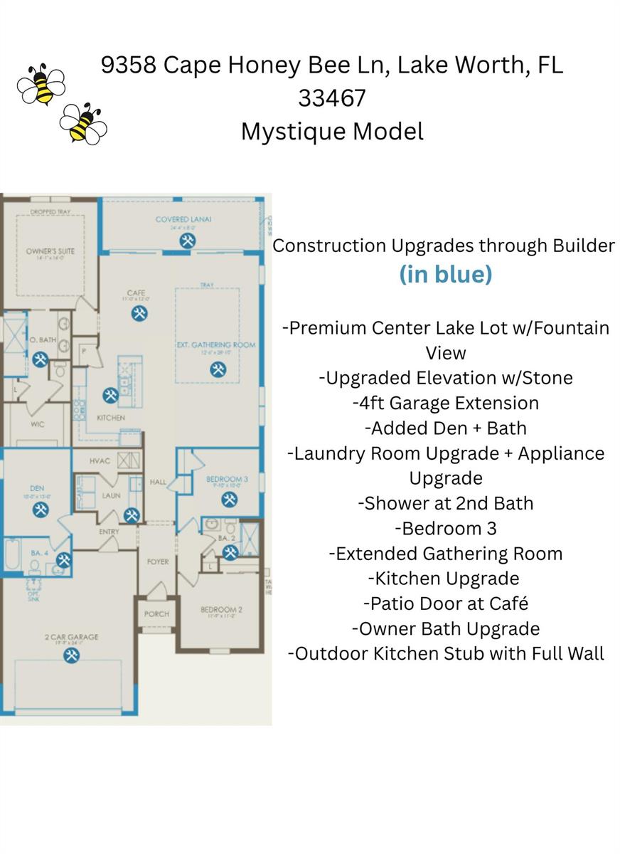 This floor plan shows the layout and construction upgrades for a Mystique model home — 9358 Cape Honey Bee Lane, Lake Worth FL 33467, LAKE WORTH, FL