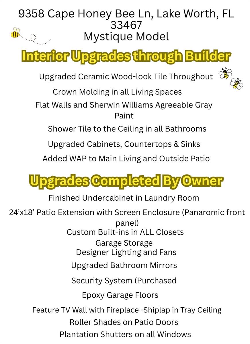 This is a text-based flyer listing interior and owner-installed upgrades for a residential property — 9358 Cape Honey Bee Lane, Lake Worth FL 33467, LAKE WORTH, FL