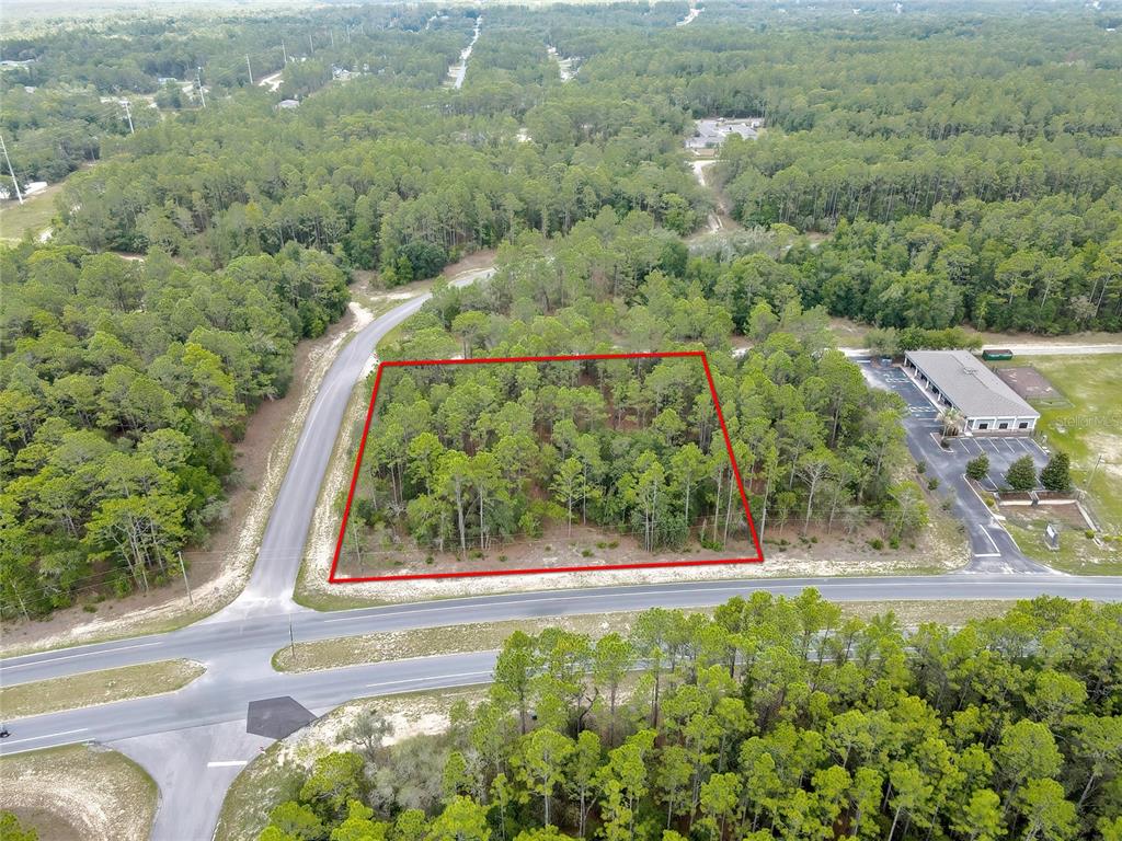 An aerial view shows a rectangular, wooded vacant lot outlined in red next to a road — 9787 N CITRUS SPRINGS BOULEVARD, CITRUS SPRINGS, FL