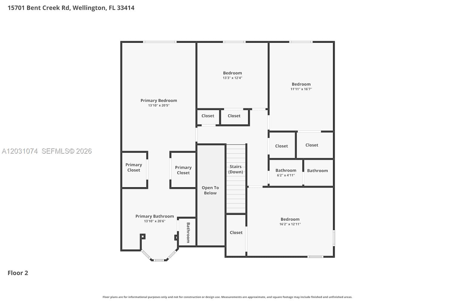 This is a floor plan of a residential second story with four bedrooms and bathrooms — WELLINGTON, FL