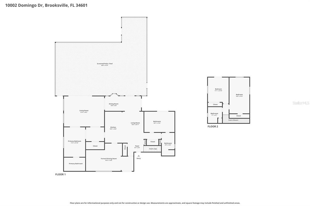 This is a two-story floor plan showing the layout of a house with a pool — 10002 DOMINGO DRIVE, BROOKSVILLE, FL