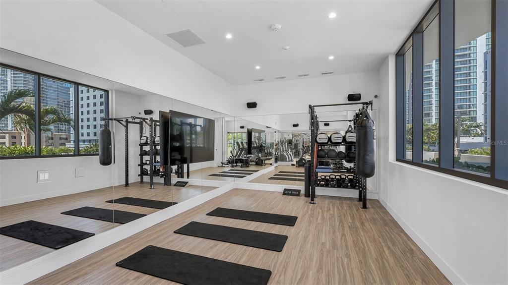 A modern gym features wood-look flooring, mirrored walls, a squat rack, and large windows — 225 1ST AVENUE N UNIT ST2, ST PETERSBURG, FL