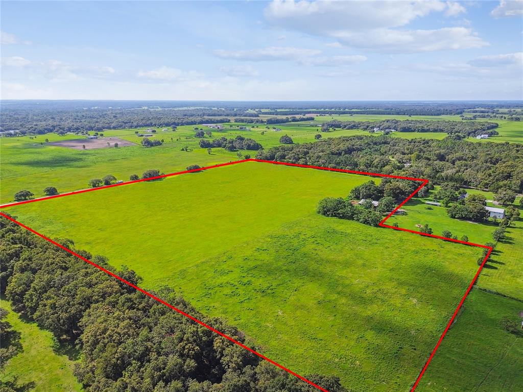 An aerial view shows a large, open green pasture outlined in red — 18139 BENES ROUSH ROAD, BROOKSVILLE, FL