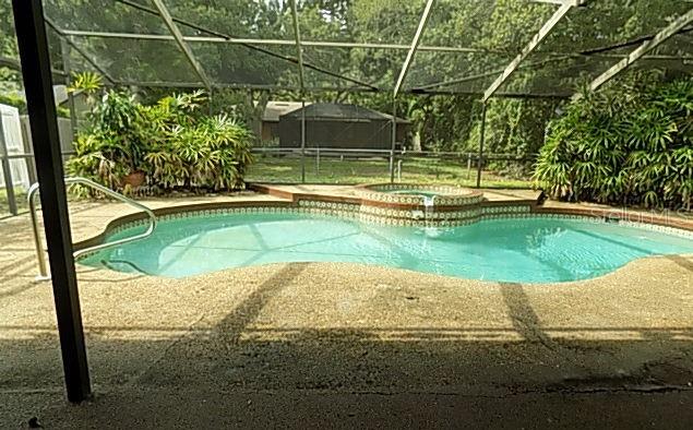 A screened-in swimming pool and attached spa are surrounded by a concrete deck and landscaping — 3972 HELENE STREET, SARASOTA, FL