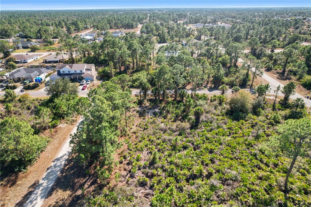 An aerial view shows a wooded, undeveloped residential lot next to a paved road and houses — 774 KIRKMAN AVENUE, LEHIGH ACRES, FL