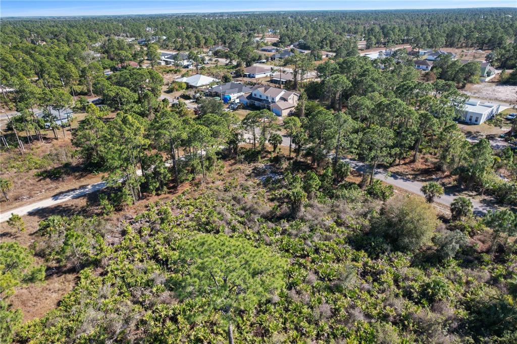 An aerial view shows a vacant, wooded lot adjacent to a residential neighborhood — 774 KIRKMAN AVENUE, LEHIGH ACRES, FL
