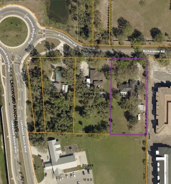 This is an aerial map showing property parcel boundaries overlaid on a residential area — 6500 RICHARDSON ROAD, SARASOTA, FL