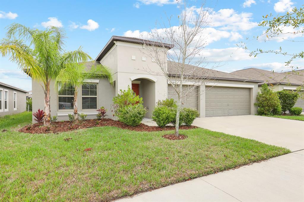 A single-story suburban house with a tan stucco exterior, a two-car garage, and landscaping — 16640 CARLTON POND STREET, WIMAUMA, FL