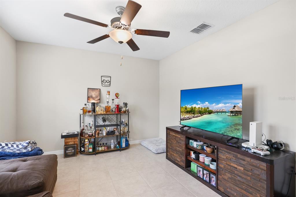 A living room features a television on a wooden console, a bar cart, and a ceiling fan — 16640 CARLTON POND STREET, WIMAUMA, FL