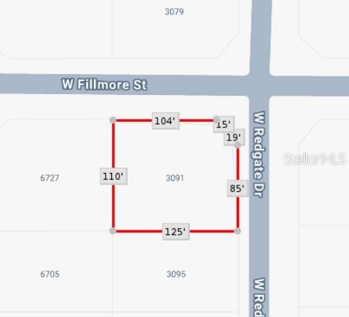 This is a property map showing the lot dimensions and boundaries of a corner parcel — 3091 W REDGATE DRIVE, DUNNELLON, FL
