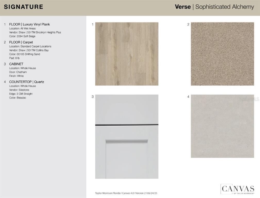 This image displays a design board featuring flooring, cabinet, and countertop samples for a home — 13827 SAWMILL STREET, PARRISH, FL