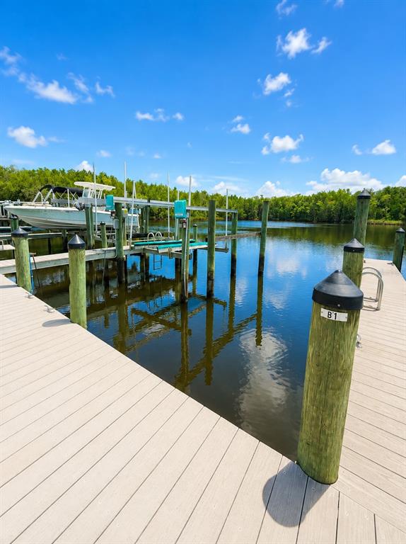 A wooden boat dock with pilings extends over a calm waterway toward a parked boat — 11122 W COVE HARBOR DRIVE UNIT 112, CRYSTAL RIVER, FL