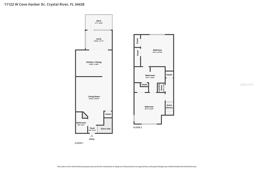 This is a two-story floor plan showing the layout of rooms, stairs, and outdoor spaces — 11122 W COVE HARBOR DRIVE UNIT 112, CRYSTAL RIVER, FL
