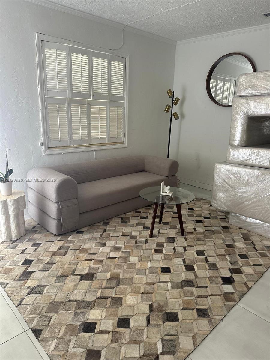A living room features a gray sofa, a glass coffee table, and a geometric rug — 3600 SW 26th St, Miami FL 33133, MIAMI, FL