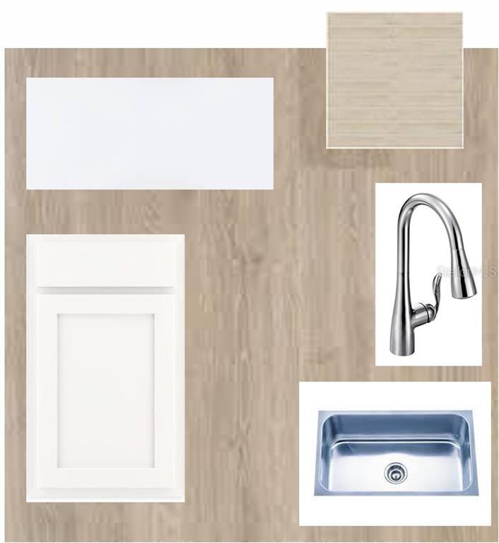 This is a digital design board showing kitchen finishes including white cabinets, a sink, and faucet — 320 STETSON RISE COURT, PLANT CITY, FL