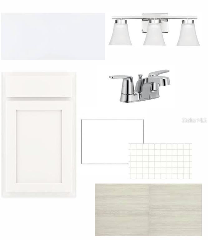 This is a digital design board showing bathroom finishes, including cabinetry, lighting, hardware, and tile — 320 STETSON RISE COURT, PLANT CITY, FL