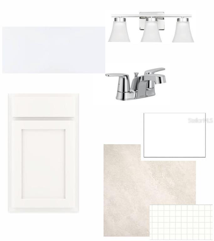 This digital rendering displays a bathroom design board featuring white cabinetry, fixtures, and tile samples — 320 STETSON RISE COURT, PLANT CITY, FL