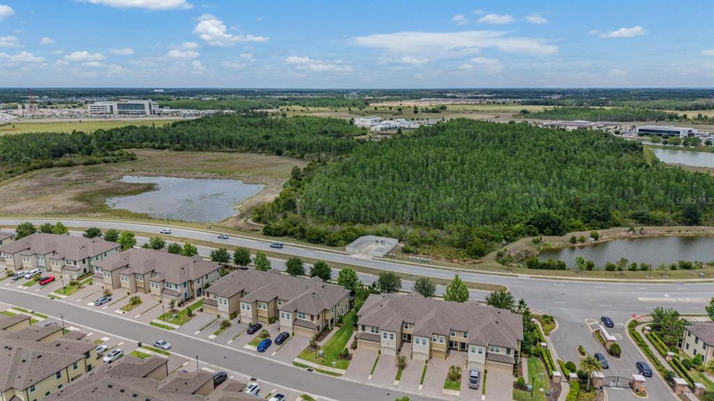 An aerial view shows a residential townhouse community adjacent to a large wooded area and pond — 29947 SOUTHWELL LANE, WESLEY CHAPEL, FL