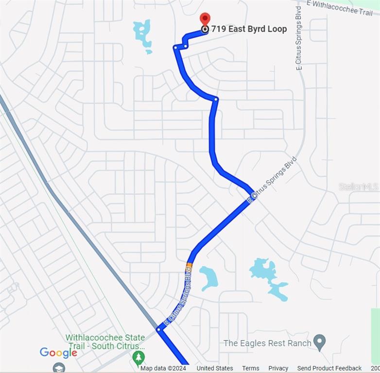 This is a map showing a route to a location on East Byrd Loop — 719 E BYRD LOOP, DUNNELLON, FL
