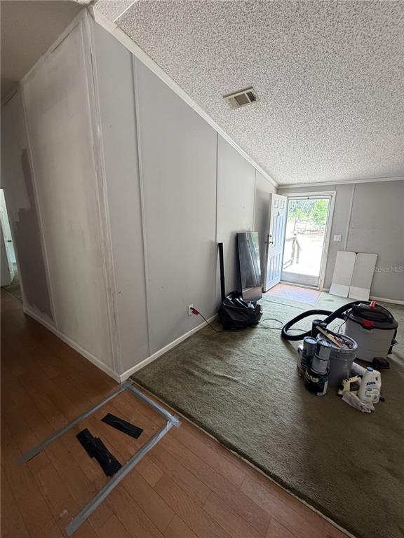 A room with gray paneled walls, a sloped ceiling, and a mix of wood and carpet flooring — 41527 PARADISE ROAD, DELAND, FL