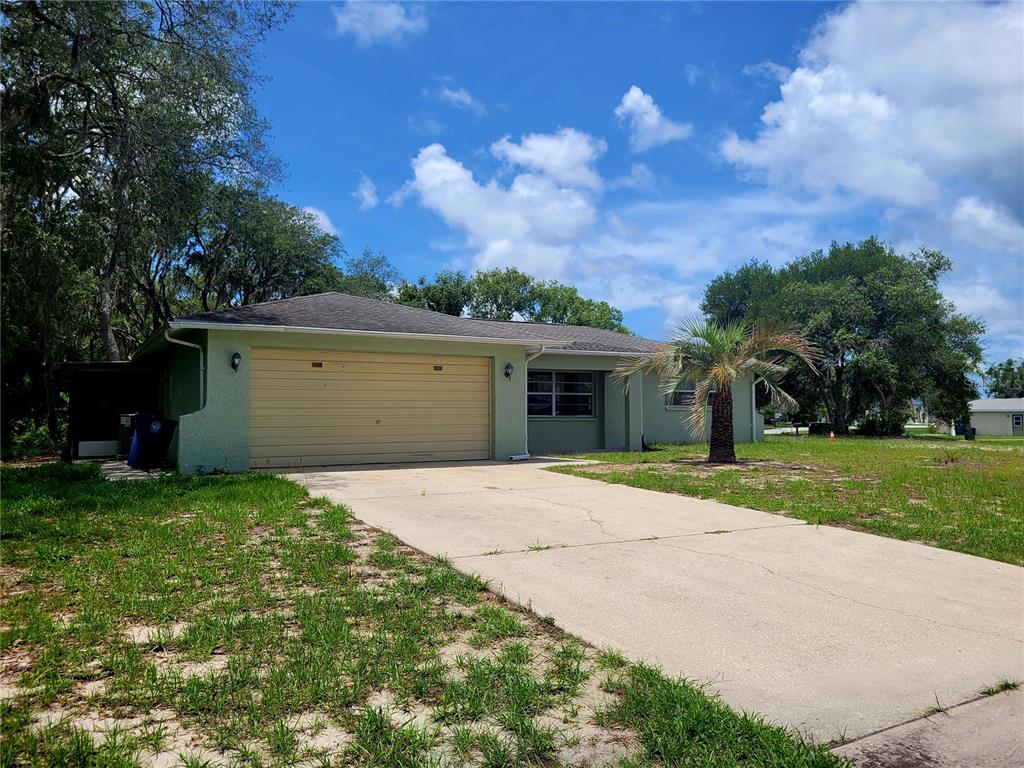 A single-story house with a light green exterior, a two-car garage, and a concrete driveway — 9022 LINGROVE ROAD, WEEKI WACHEE, FL