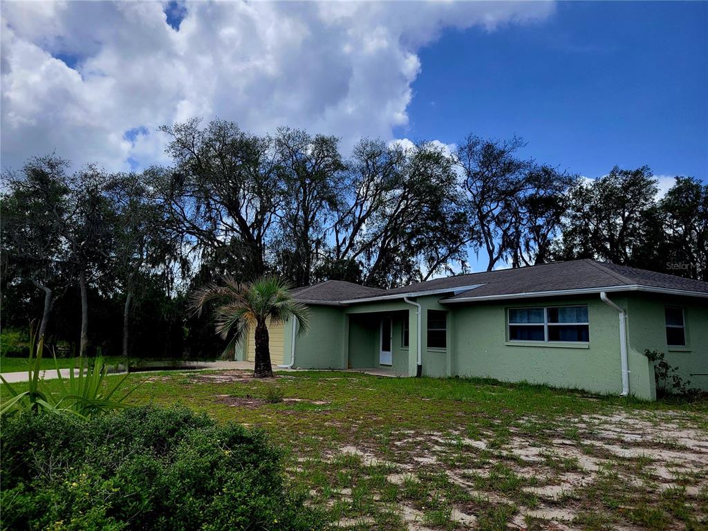 A single-story green house with a palm tree in the front yard under a cloudy sky — 9022 LINGROVE ROAD, WEEKI WACHEE, FL
