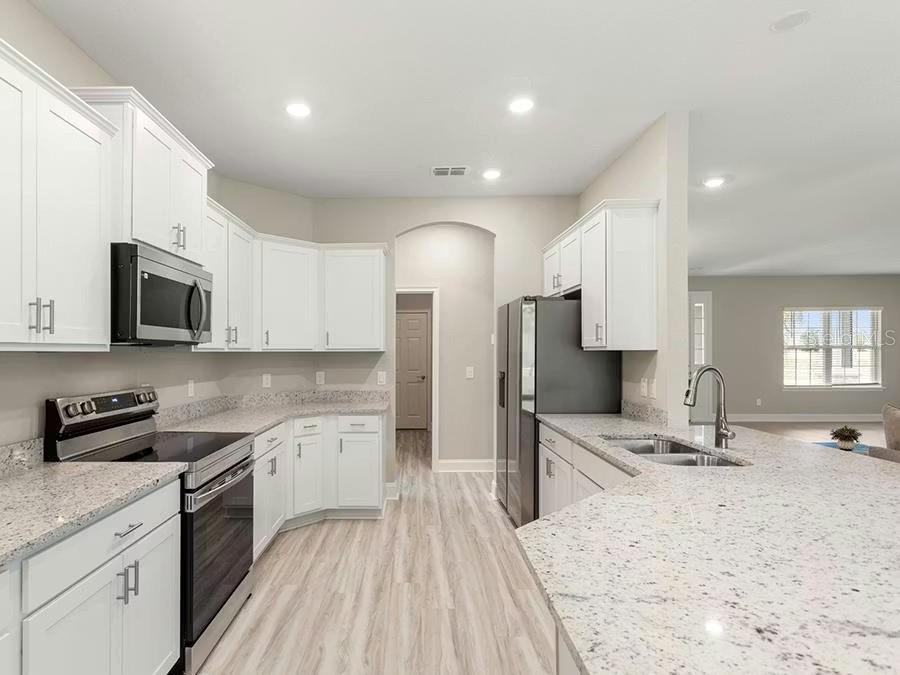 A kitchen features white cabinetry, granite countertops, stainless steel appliances, and light wood-look flooring — 8687 WILDFLOWER FIELDS LANE, WILDWOOD, FL