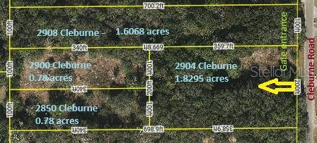 This is an aerial map showing property boundaries and acreage for four adjacent land parcels — 2850 CLEBURNE ROAD, ORLANDO, FL