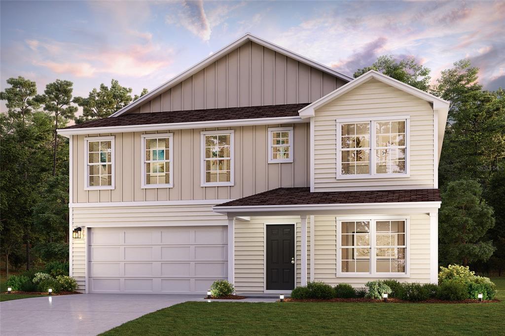 A digital rendering of a two-story suburban house with a garage and beige siding — 16253 NW 143RD WAY, ALACHUA, FL