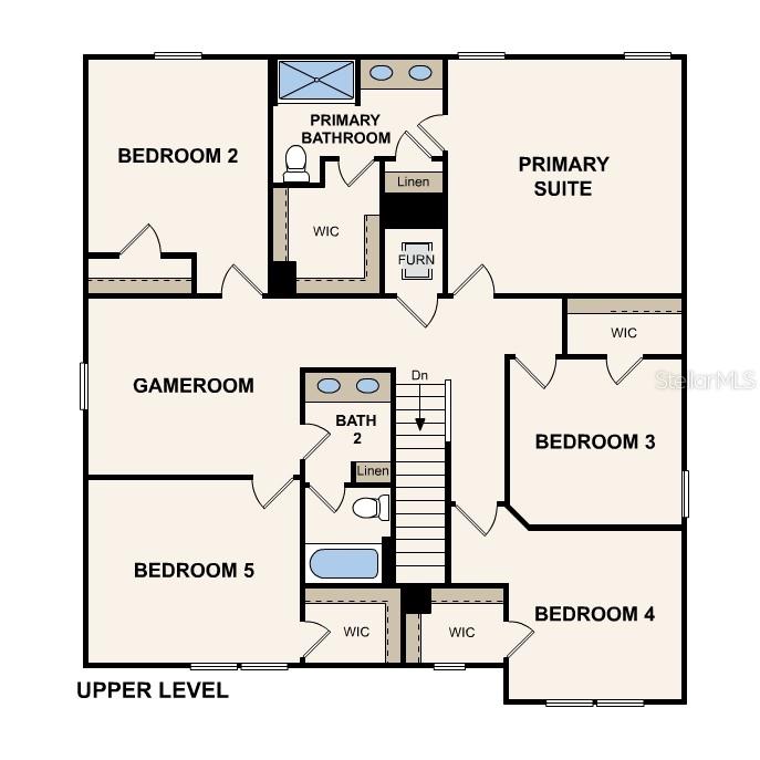 This is a floor plan of an upper level featuring five bedrooms and a gameroom — 16253 NW 143RD WAY, ALACHUA, FL
