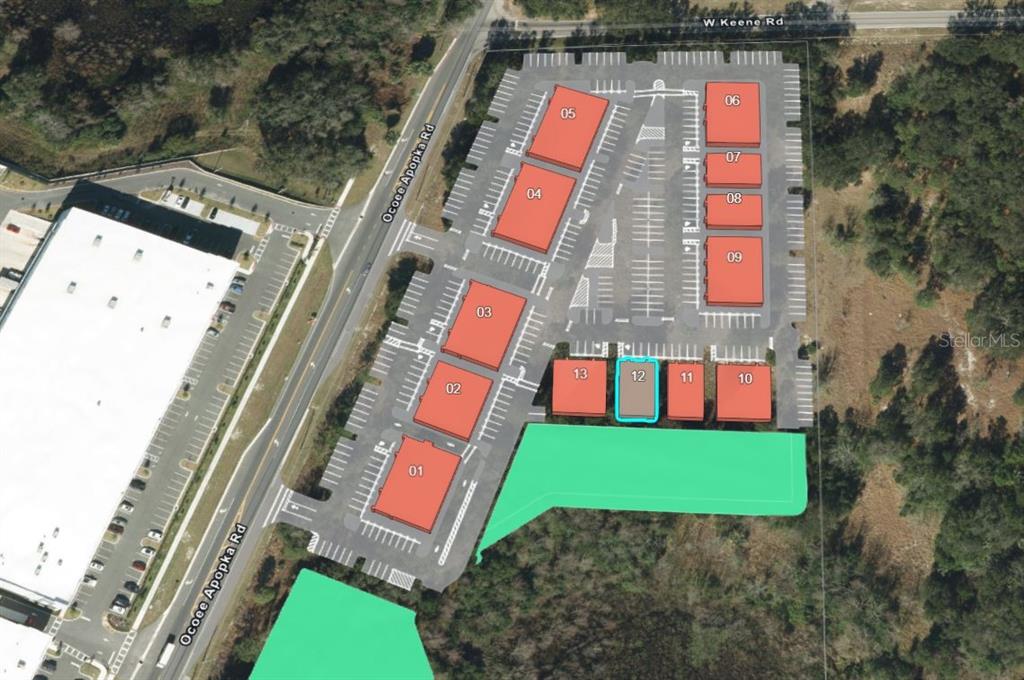 This is an aerial site plan rendering of a commercial development with multiple building footprints — 2805 OCOEE APOPKA ROAD UNIT 12, APOPKA, FL