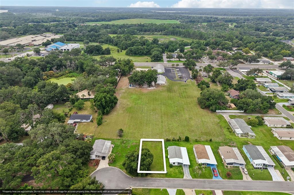 An aerial view shows a vacant rectangular lot outlined in white within a residential neighborhood — 2341 W COACH N FOUR DRIVE, LEESBURG, FL