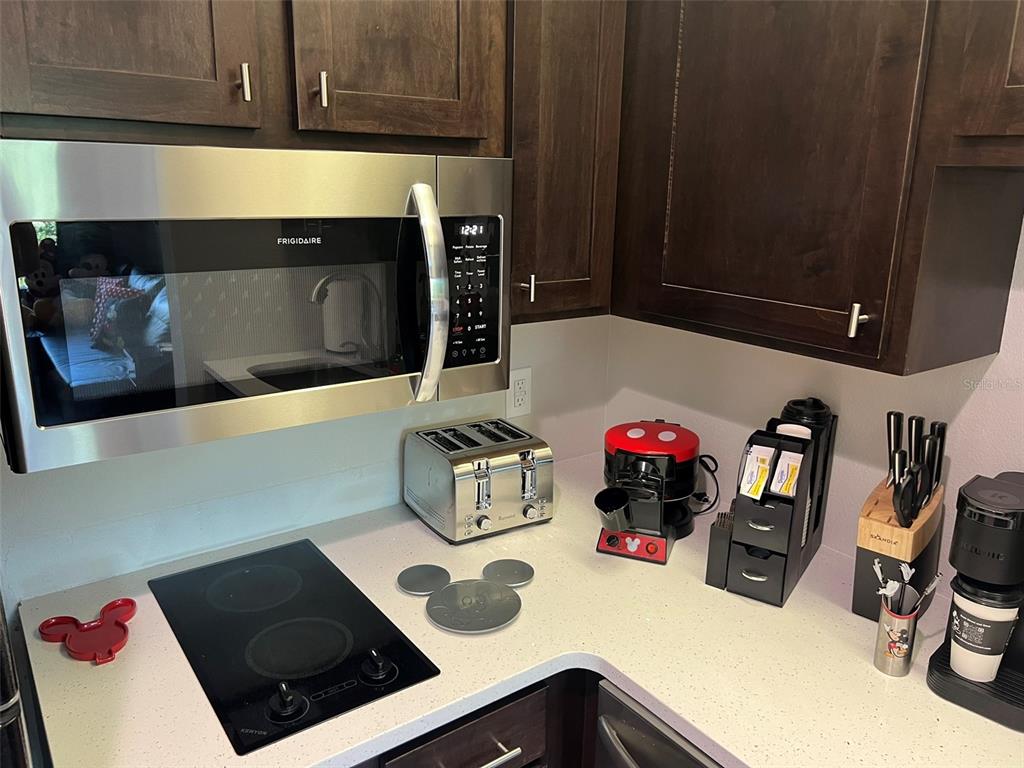 A kitchen features dark wood cabinets, stainless steel appliances, and Mickey Mouse-themed decor — 8303 PALM PARKWAY UNIT 404, ORLANDO, FL