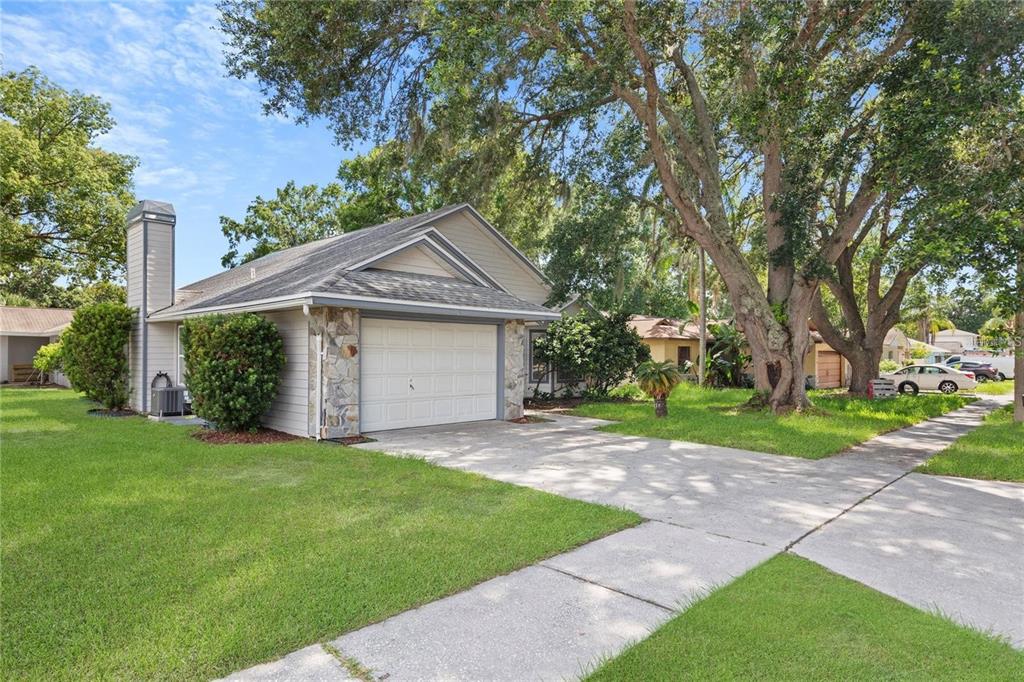A single-story house with a white garage door, stone accents, and a large oak tree — 5116 PLANTATION DRIVE, HOLIDAY, FL
