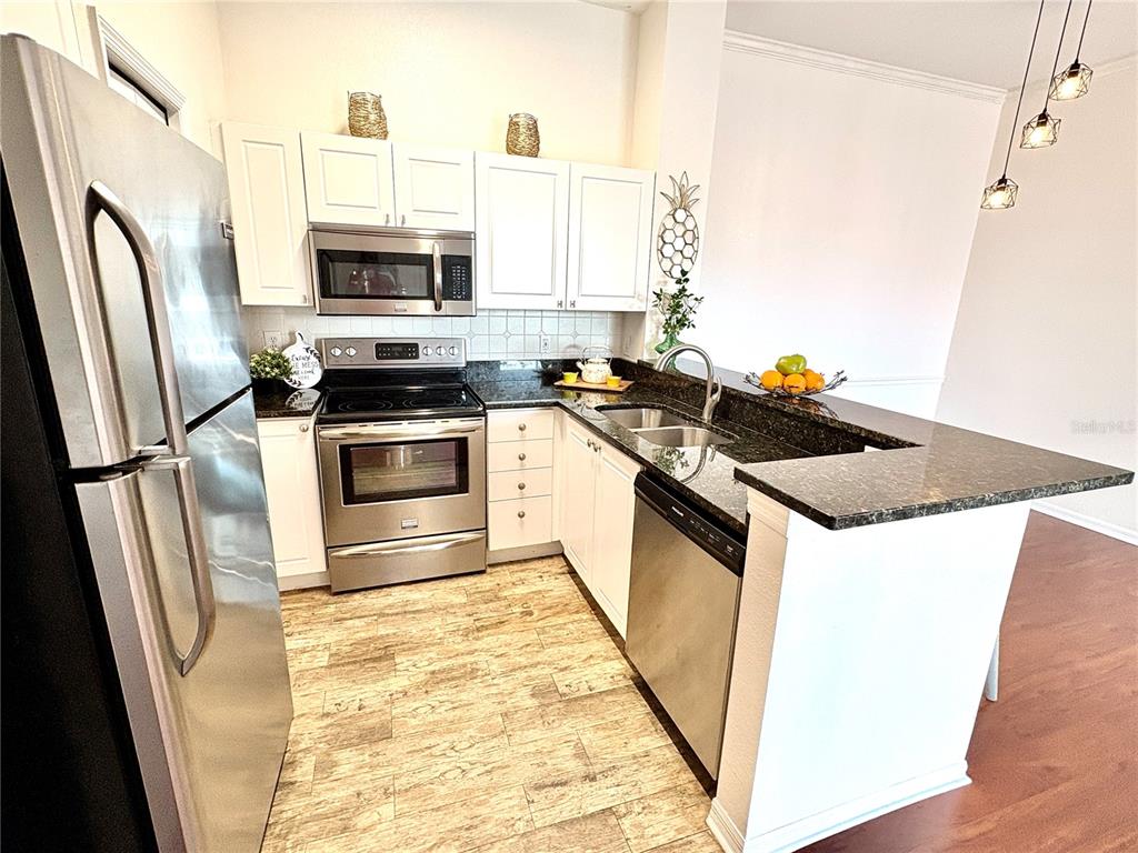 A kitchen features white cabinets, stainless steel appliances, dark countertops, and wood-look tile flooring — 18107 PEREGRINES PERCH PLACE UNIT 6303, LUTZ, FL