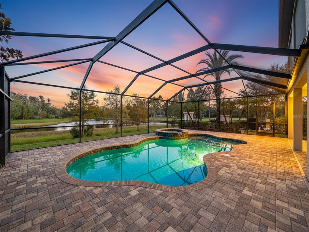 A screened-in pool and spa area with brick pavers overlooking a pond at sunset — 10701 LAUREL VISTA WAY, TAMPA, FL