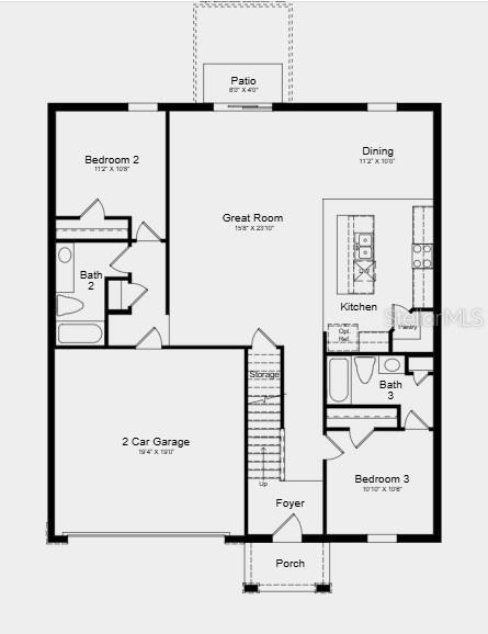 This floor plan shows a two-car garage, three bedrooms, three bathrooms, and an open-concept living area — 7421 FIELDSTONE DRIVE, GROVELAND, FL