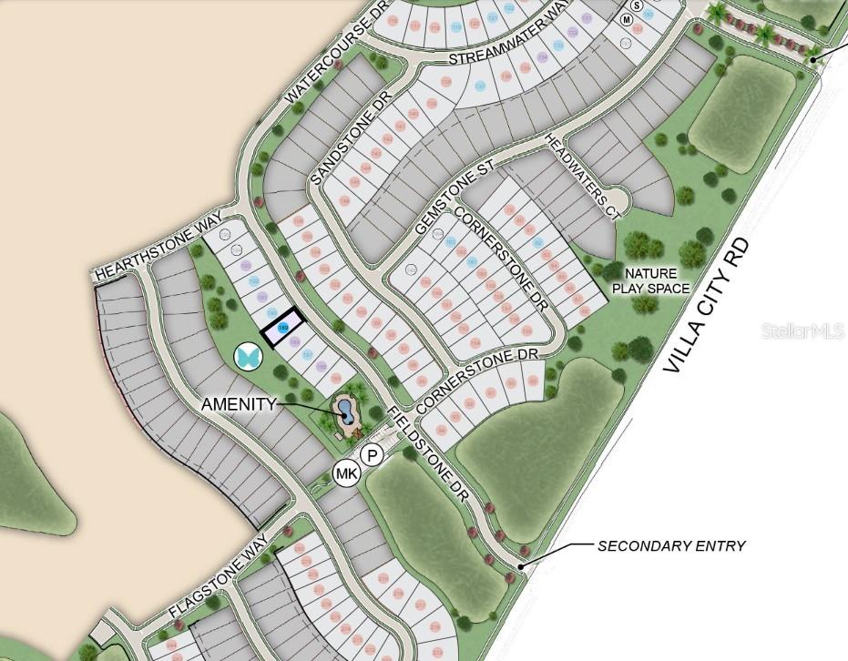 This is a site map of a residential community showing streets, lots, and amenities — 7421 FIELDSTONE DRIVE, GROVELAND, FL