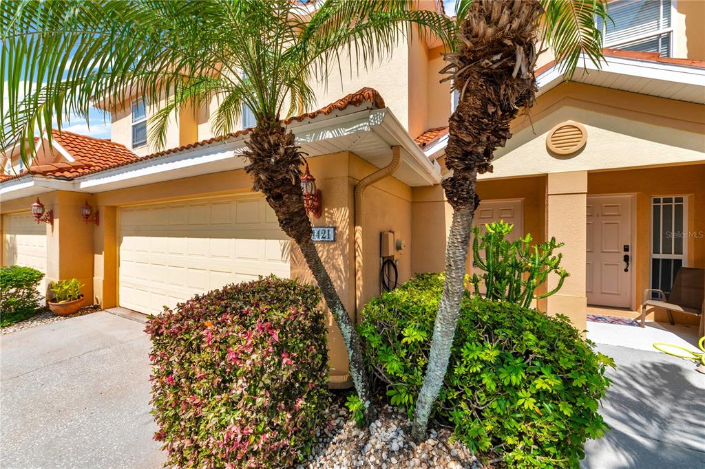 Exterior view of a two-story tan townhouse with a garage, palm trees, and landscaping — 1421 RIDGE TERRACE, TARPON SPRINGS, FL