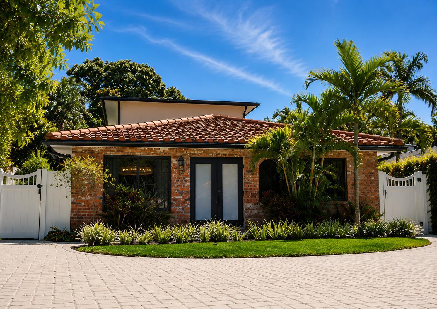 A single-story brick house with a tiled roof, palm trees, and a paved circular driveway — 702 S Atlantic Drive, Lantana FL 33462, LANTANA, FL