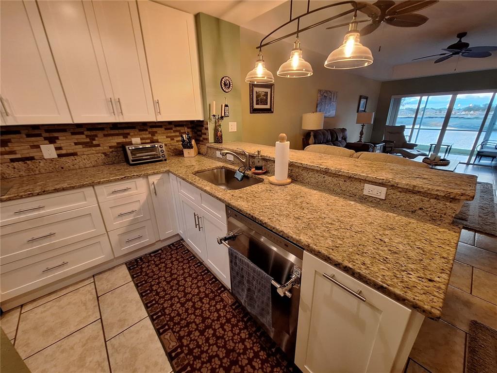 A kitchen features white cabinets, granite countertops, a stainless steel dishwasher, and pendant lighting — 5748 SABAL TRACE DRIVE UNIT 102, NORTH PORT, FL