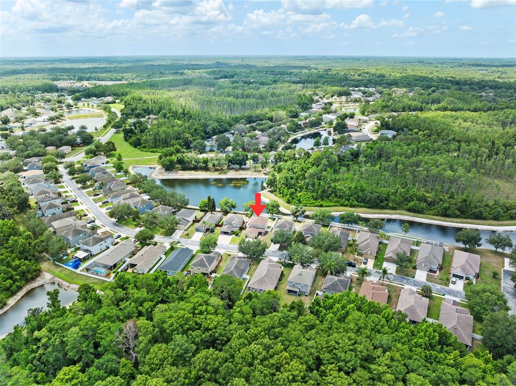 An aerial view shows a suburban neighborhood with houses surrounding a central pond — 12607 CHENWOOD AVENUE, HUDSON, FL