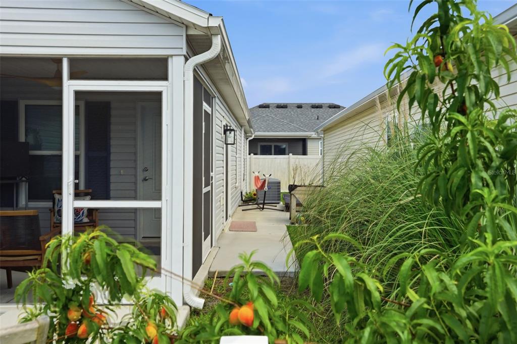 A side view of a house exterior showing a screened-in porch and a concrete walkway — 862 SPRING AVENUE, THE VILLAGES, FL